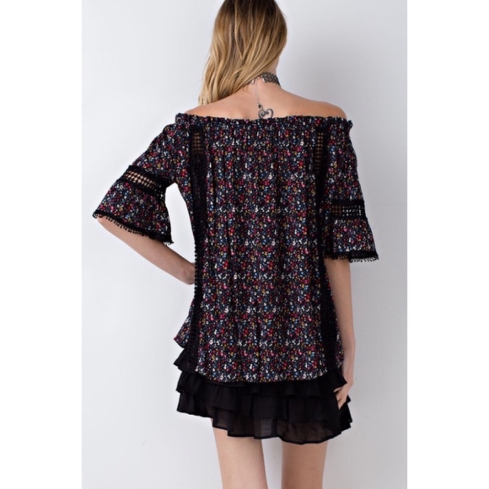 Floral Printed Crochet Lace Off Shoulder Top - Picture 2 of 7